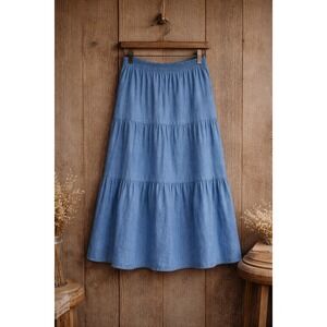 Vintage 90s Denim Broomstick Skirt Medium Wash Cotton Tiered Maxi Rodeo Boho O/S